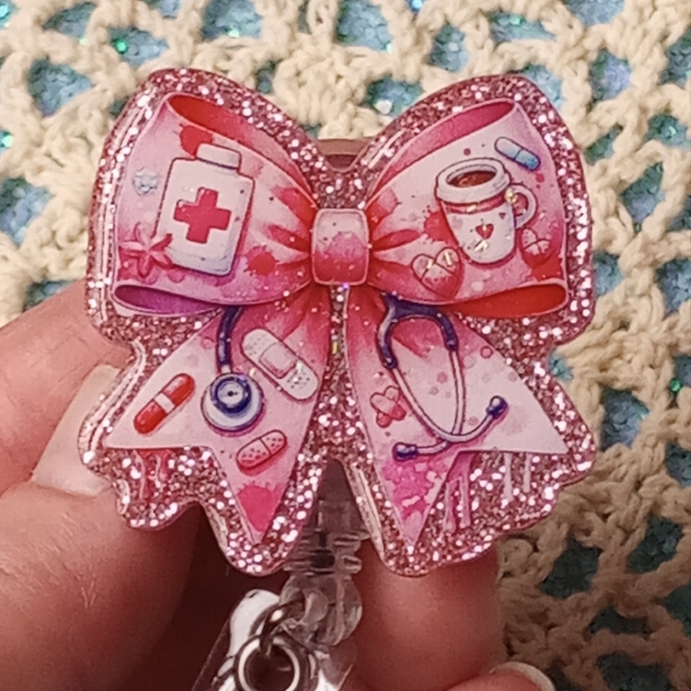 Pink Glitter Nurse-Themed Bow Keychain